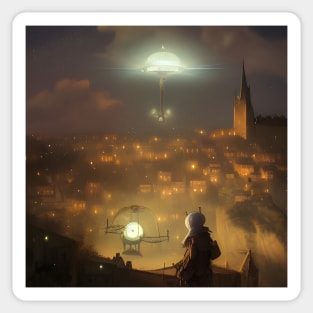 UFO over a Medieval Town Sticker